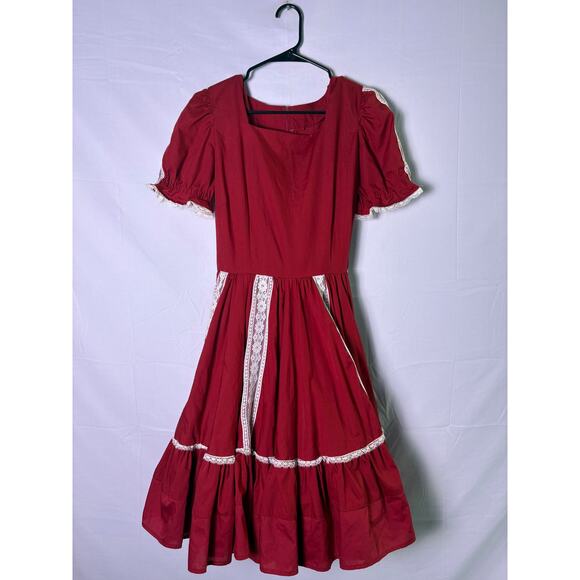 Vintage Red Handmade Dress Ruffled Hem Puff Sleeve White Floral Lace - Picture 1 of 4
